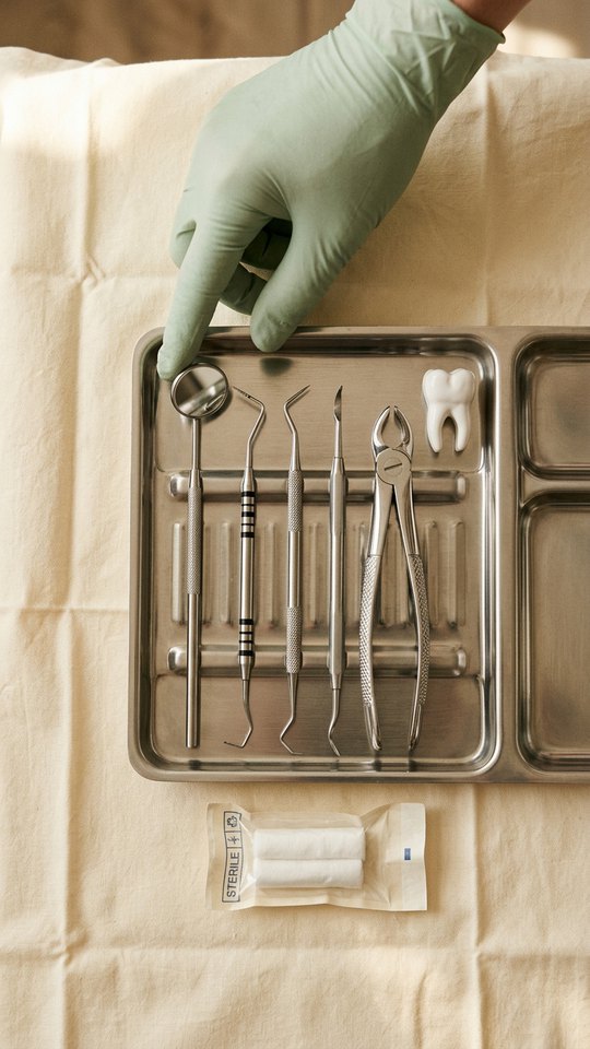 Sterile dental instruments arranged on a surgical tray